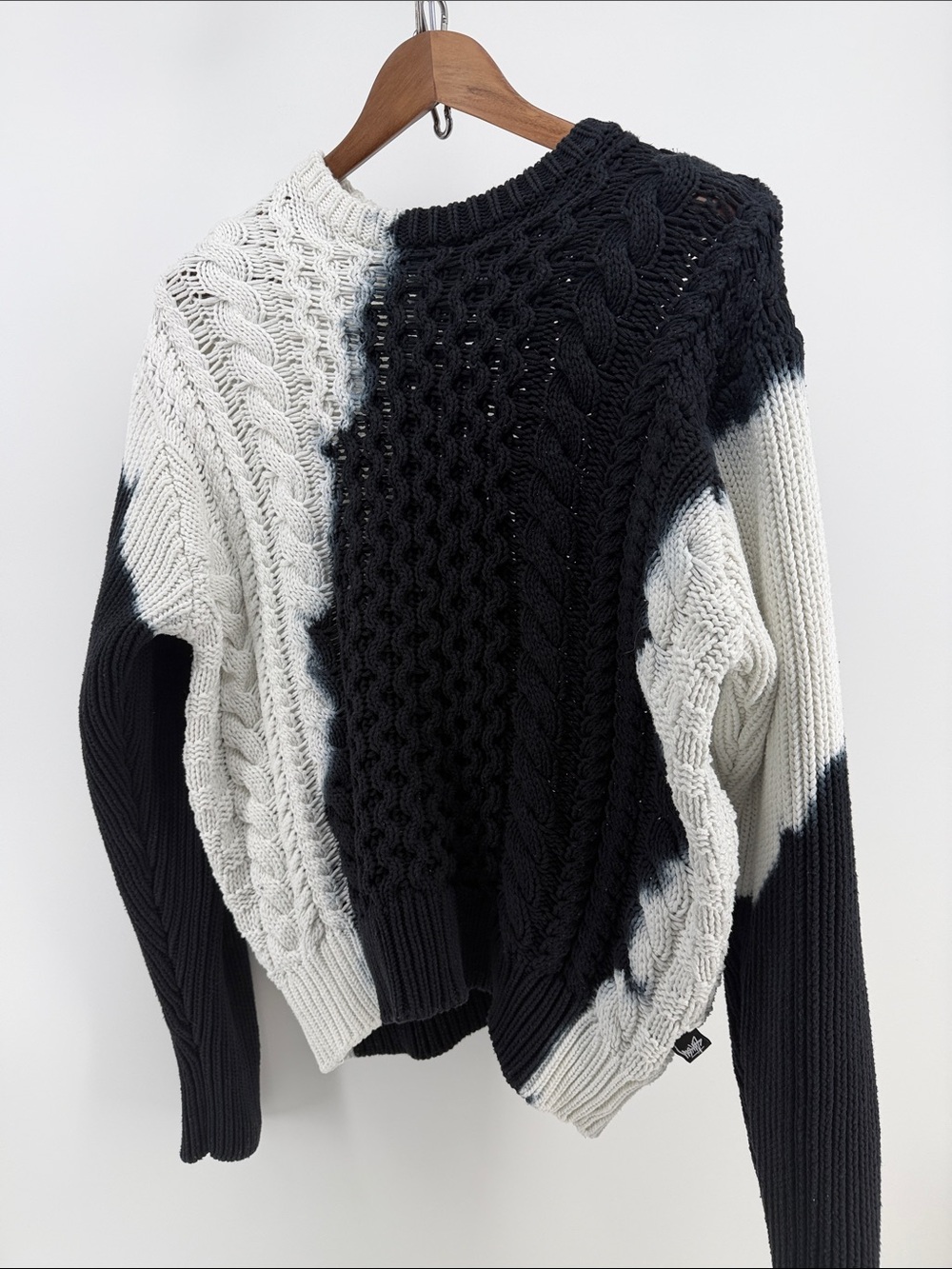 Stussy Black & White Cable-Knit Colorblock Crewneck Sweater